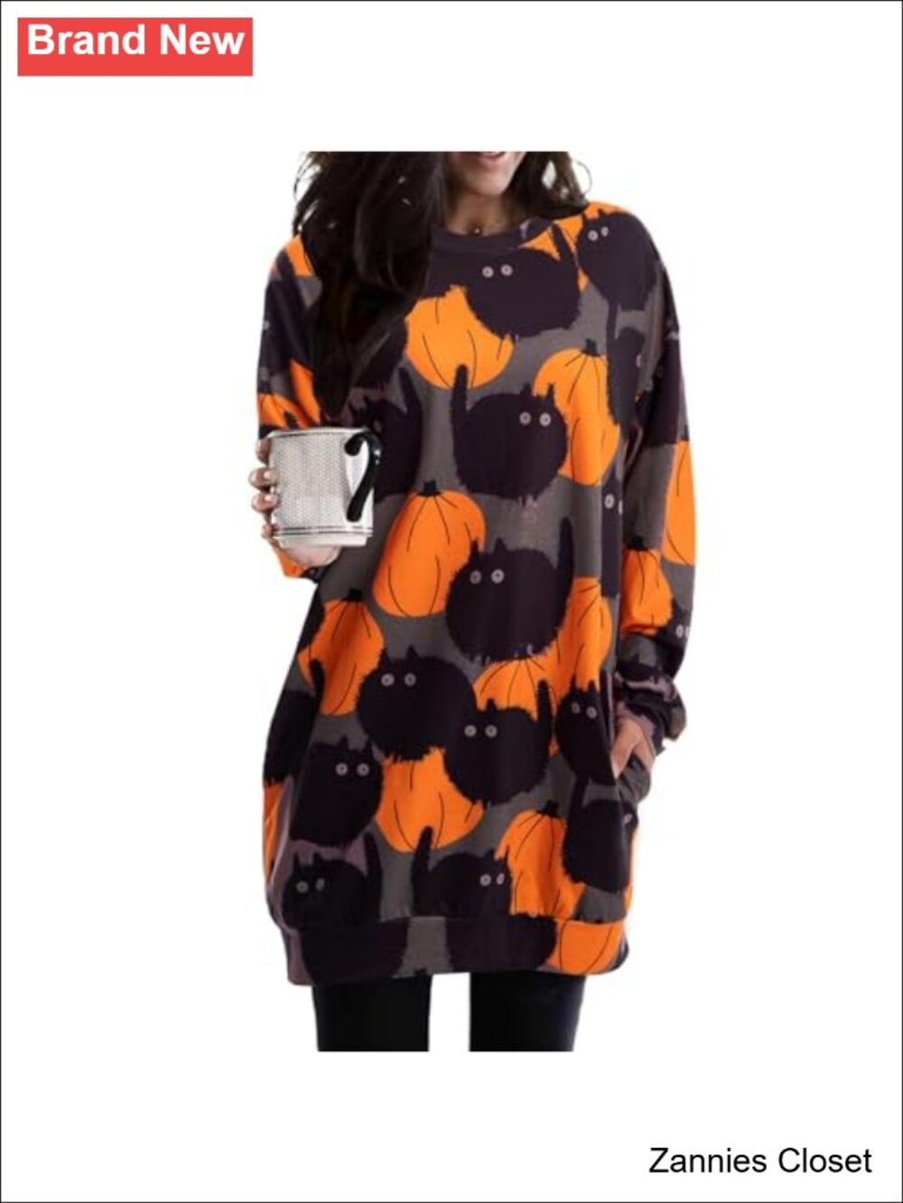 👻 Halloween Pumpkin Sweatshirt Womens Black Cat Crewneck Pullover Tunic Top w